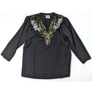 Vintage 80s Top Three Flaggs Size 16 Black Long Sleeve Sequins